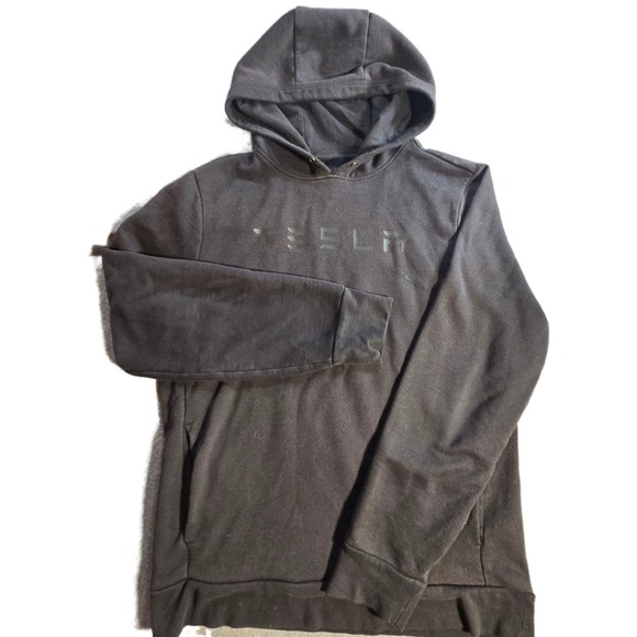 Tesla Motors Pullover Hoodie Black Medium Tonal Logo Fleece Sweatshirt *flaw